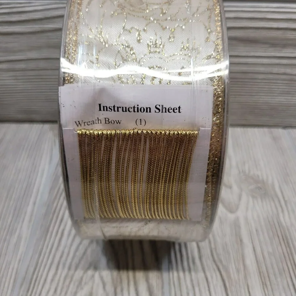 SWC‎ Wired Ribbon 50 Yards Cream Gold Glitter Floral Scroll 2.5 Inch Designer